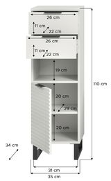 Weißer Standschrank mit zwei Schubladen und drei offenen Fächern, Maße: 110 cm hoch, 35 cm tief, 31 cm breit, Frontansicht.