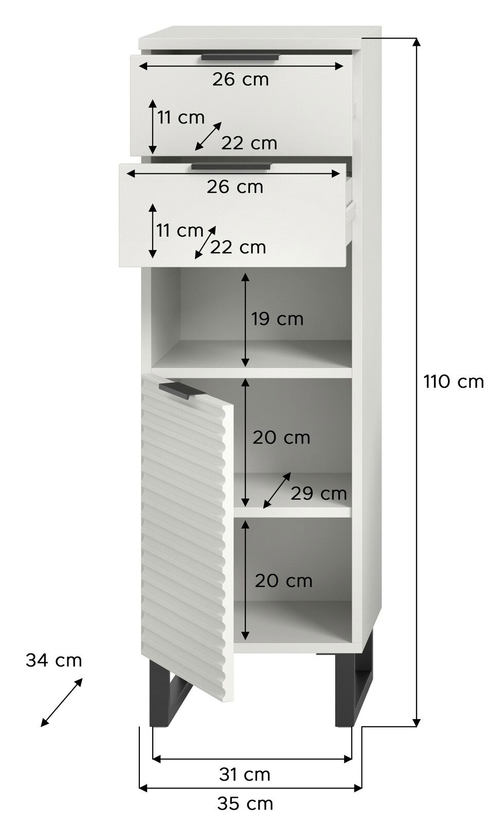 Weißer Standschrank mit zwei Schubladen und drei offenen Fächern, Maße: 110 cm hoch, 35 cm tief, 31 cm breit, Frontansicht.