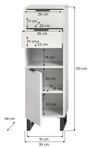 Weißer Standschrank mit zwei Schubladen und drei offenen Fächern, Maße: 110 cm hoch, 35 cm tief, 31 cm breit, Frontansicht.