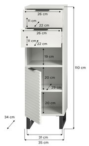 Weißer Standschrank mit zwei Schubladen und drei offenen Fächern, Maße: 110 cm hoch, 35 cm tief, 31 cm breit, Frontansicht.