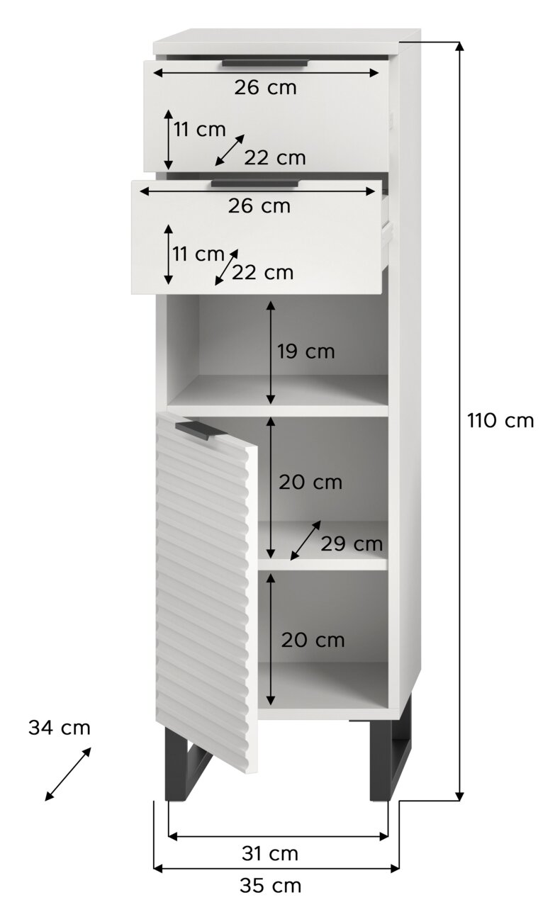 Weißer Standschrank mit zwei Schubladen und drei offenen Fächern, Maße: 110 cm hoch, 35 cm tief, 31 cm breit, Frontansicht.