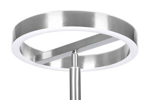 Moderner LED-Deckenfluter aus gebürstetem Metall, Nahaufnahme von unten.