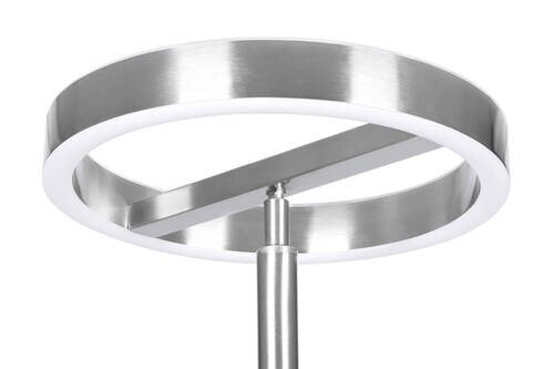 Moderner LED-Deckenfluter aus gebürstetem Metall, Nahaufnahme von unten.