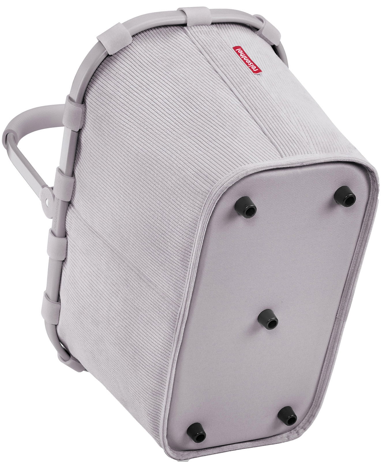 Grauer Einkaufskorb mit stabilen Griffen und vier Standfüßen, seitliche Perspektive