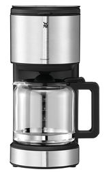 Frontansicht der WMF STELIO Aroma Kaffeemaschine aus Edelstahl mit Glaskanne und Wasserstandsanzeige.
