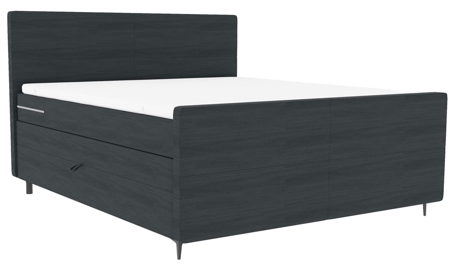 Boxspringbett in dunklem Holzdesign, seitliche Perspektive