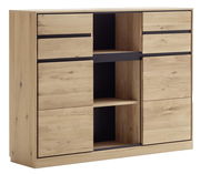 Bücherregal aus Holz mit mehreren Fächern und Schubladen, seitliche Perspektive