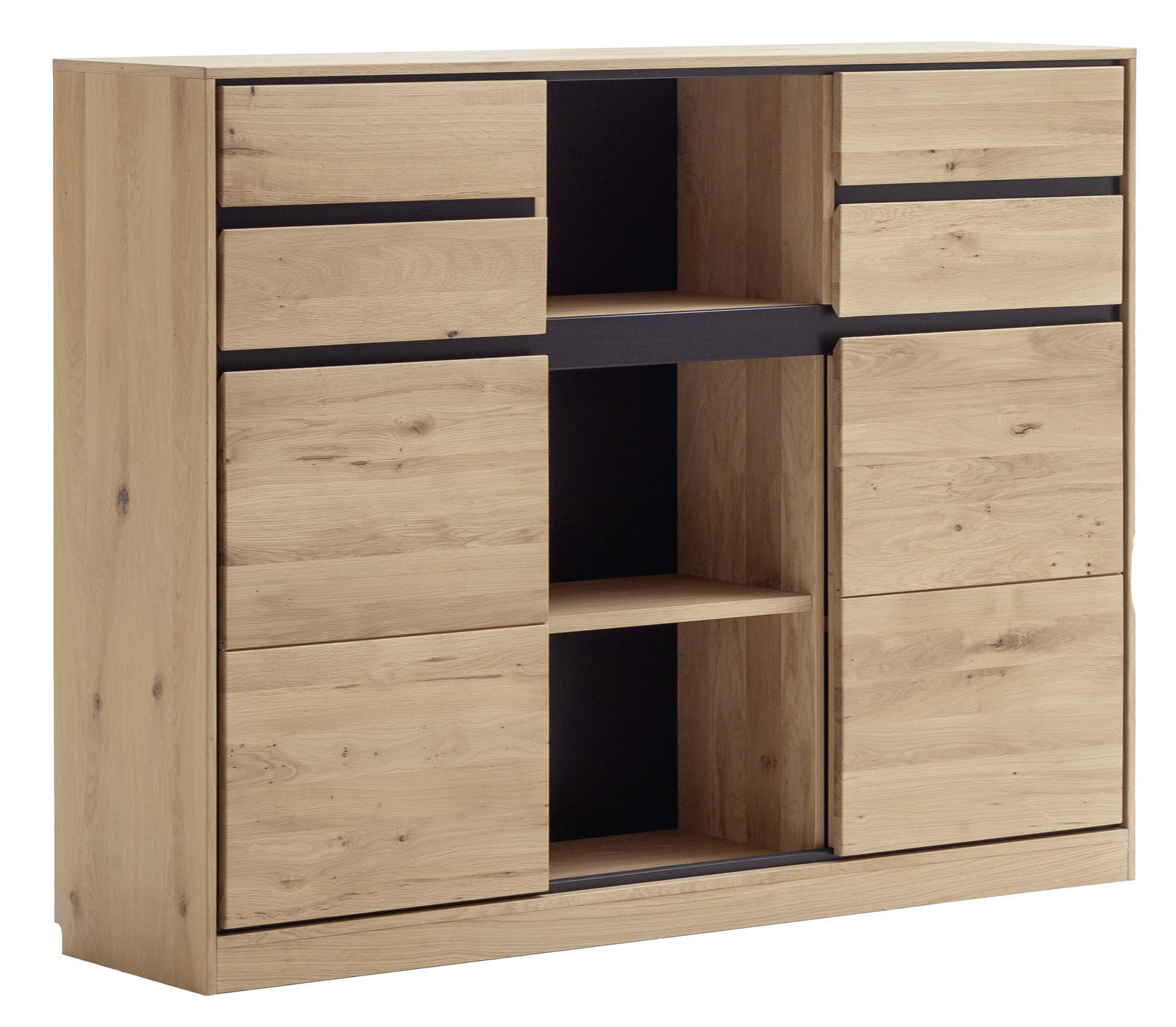 Bücherregal aus Holz mit mehreren Fächern und Schubladen, seitliche Perspektive