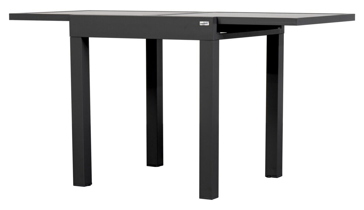 Moderner, rechteckiger Gartentisch in dunklem Grau mit vier stabilen Beinen, seitliche Perspektive.