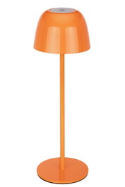 Orangefarbene Akku-Tischleuchte mit modernem Design, seitliche Perspektive