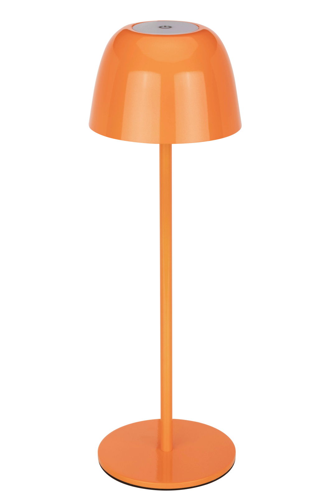 Orangefarbene Akku-Tischleuchte mit modernem Design, seitliche Perspektive