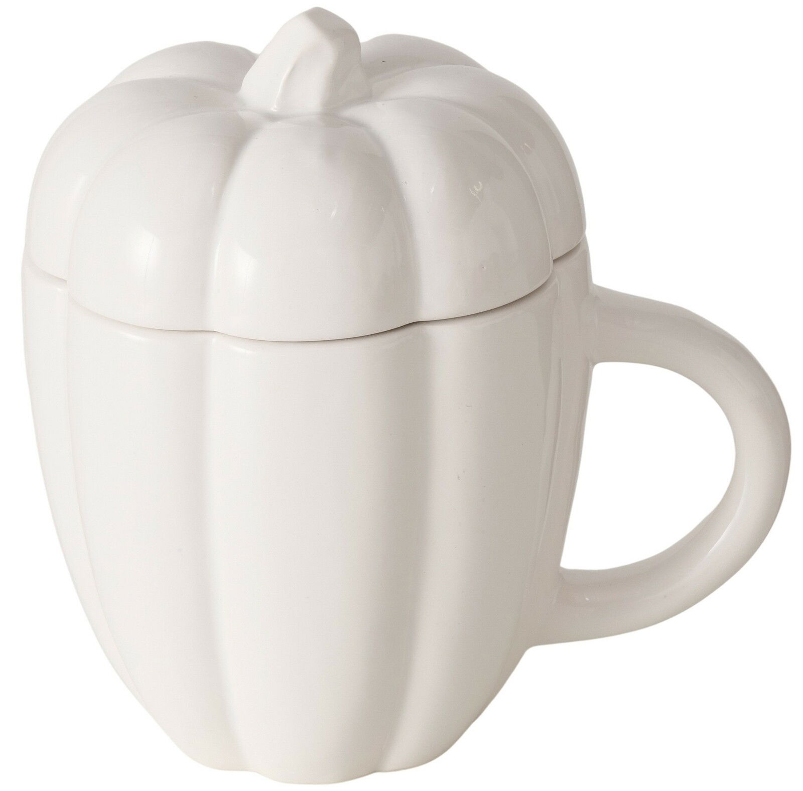 Weißer Jumbobecher in Kürbisform mit Henkel, seitliche Perspektive