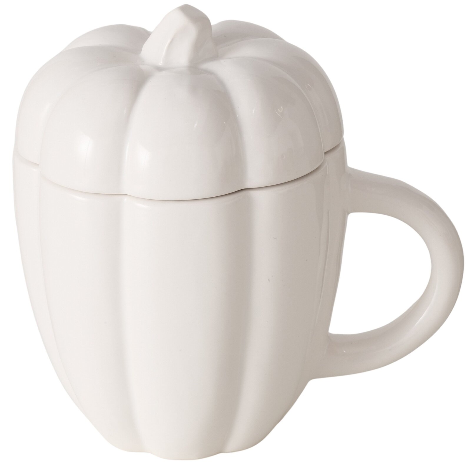 Weißer Jumbobecher in Kürbisform mit Henkel, seitliche Perspektive