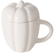 Weißer Jumbobecher in Kürbisform mit Henkel, seitliche Perspektive