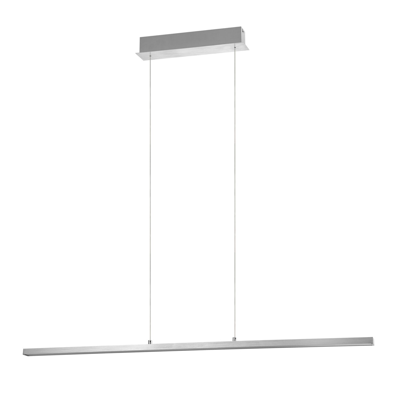 Moderne, slanke LED-hanglamp in geborsteld zilver met een lange, rechthoekige lichtbundel en twee ophangkabels, vrijstaand tegen een witte achtergrond, vooraanzicht licht van onderaf
