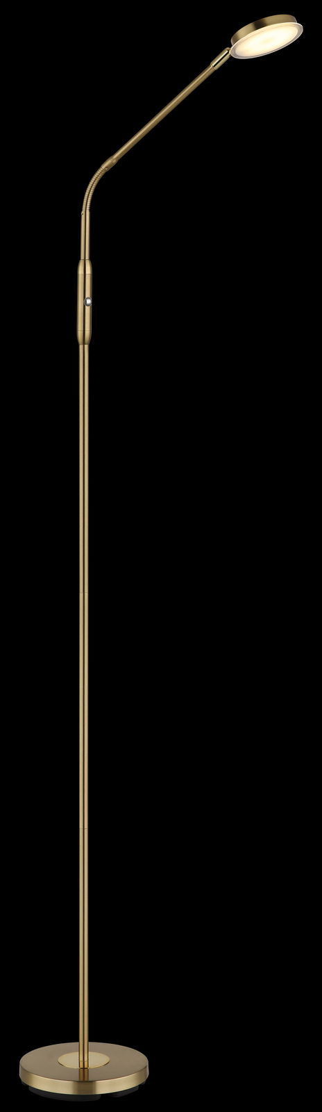 Elegante LED-Stehleuchte in Gold mit flexiblem Arm, seitliche Perspektive