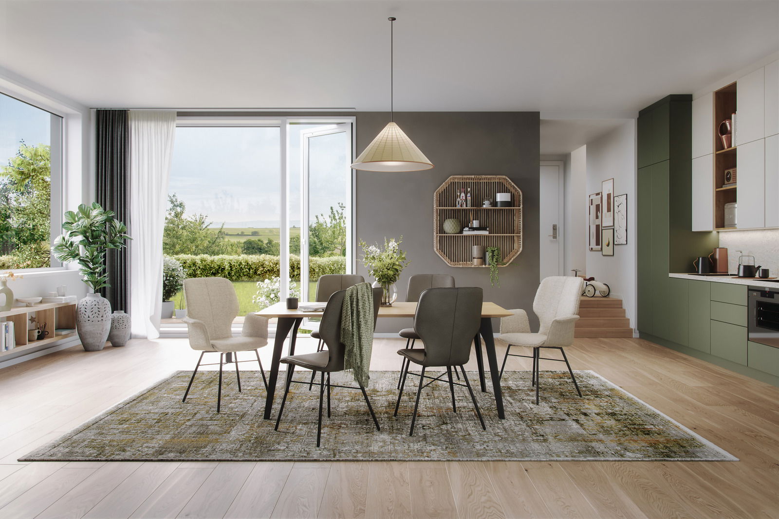 Moderner Essbereich mit Esstisch und verschiedenen Stühlen in einem hellen Raum mit Blick auf den Garten, aus der Perspektive des Raumes fotografiert.