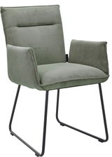 Grüner Armlehnstuhl mit geripptem Stoffbezug und schwarzen Metallbeinen, seitliche Perspektive