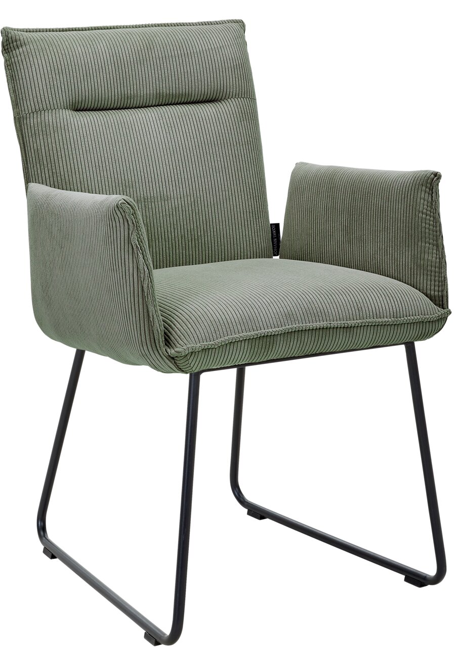 Johann Jakob Armlehnstuhl CALAS Grüner Armlehnstuhl mit geripptem Stoffbezug und schwarzen Metallbeinen, seitliche Perspektive