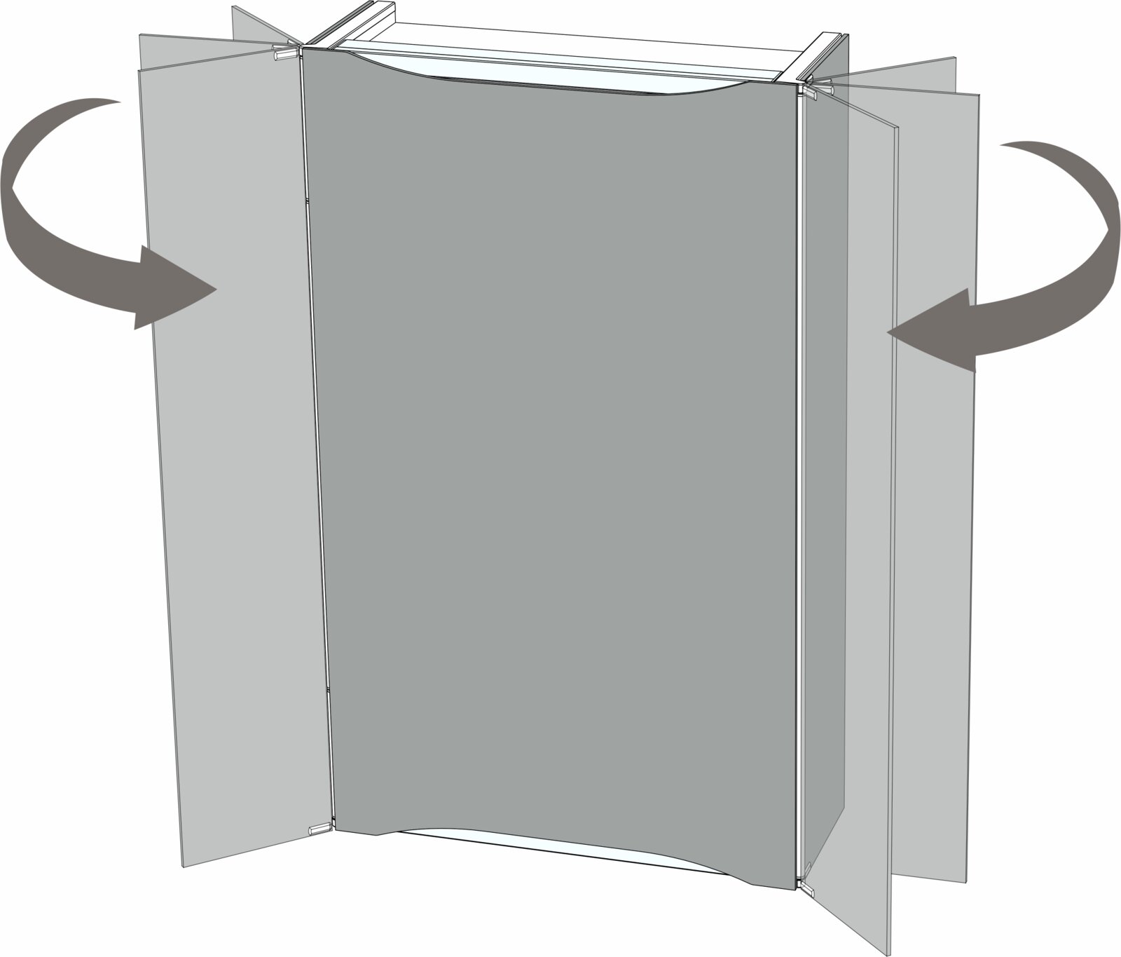 Graue, faltbare Präsentationswand/Display mit seitlichen Flügeln und Drehpfeilen, gezeigt in schräger Vorderansicht (3/4-Perspektive)