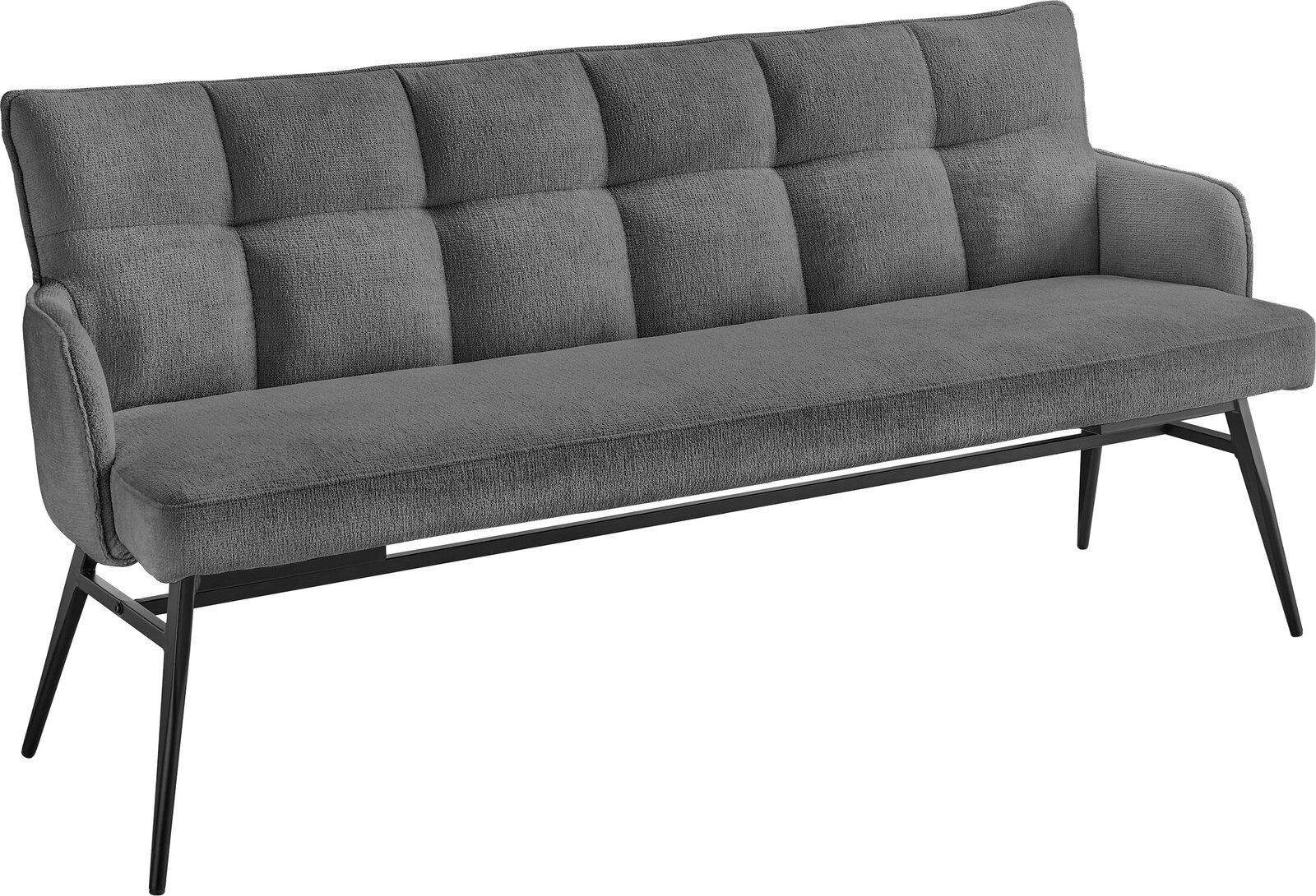 Graue Polsterbank mit schwarzem Metallgestell, seitliche Perspektive