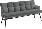 Graue Polsterbank mit schwarzem Metallgestell, seitliche Perspektive