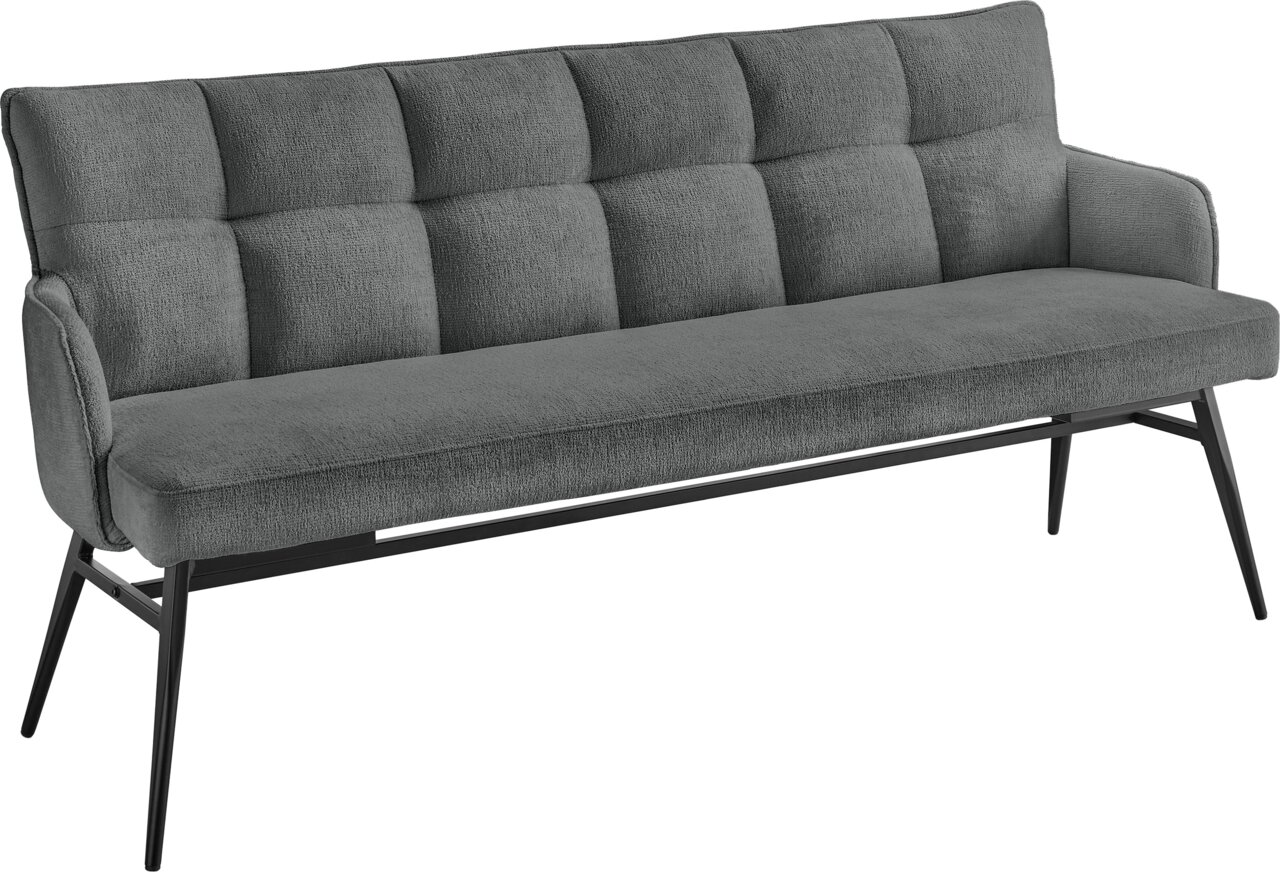 Graue Polsterbank mit schwarzem Metallgestell, seitliche Perspektive