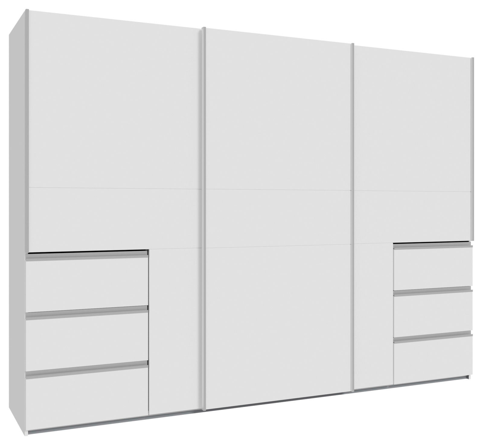 Schwebetürenschrank 3-türig in weißer Farbe, Frontansicht mit Schubladen auf beiden Seiten