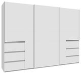 Schwebetürenschrank 3-türig in weißer Farbe, Frontansicht mit Schubladen auf beiden Seiten
