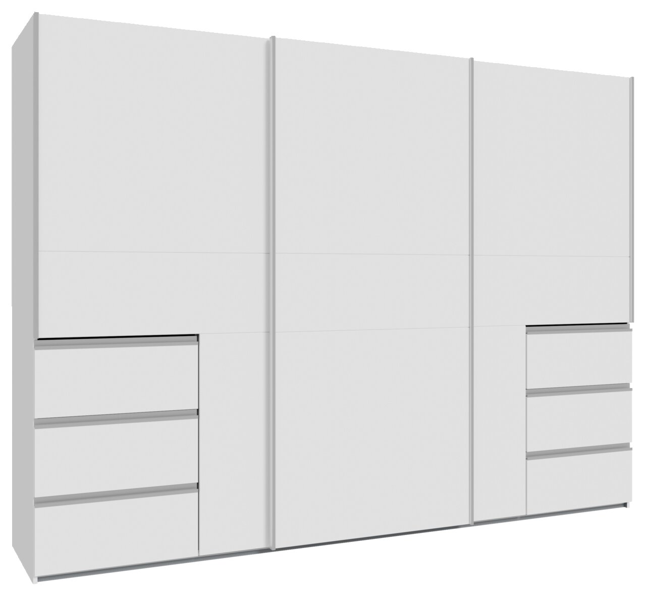 Schwebetürenschrank 3-türig in weißer Farbe, Frontansicht mit Schubladen auf beiden Seiten