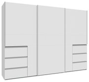 Schwebetürenschrank 3-türig in weißer Farbe, Frontansicht mit Schubladen auf beiden Seiten