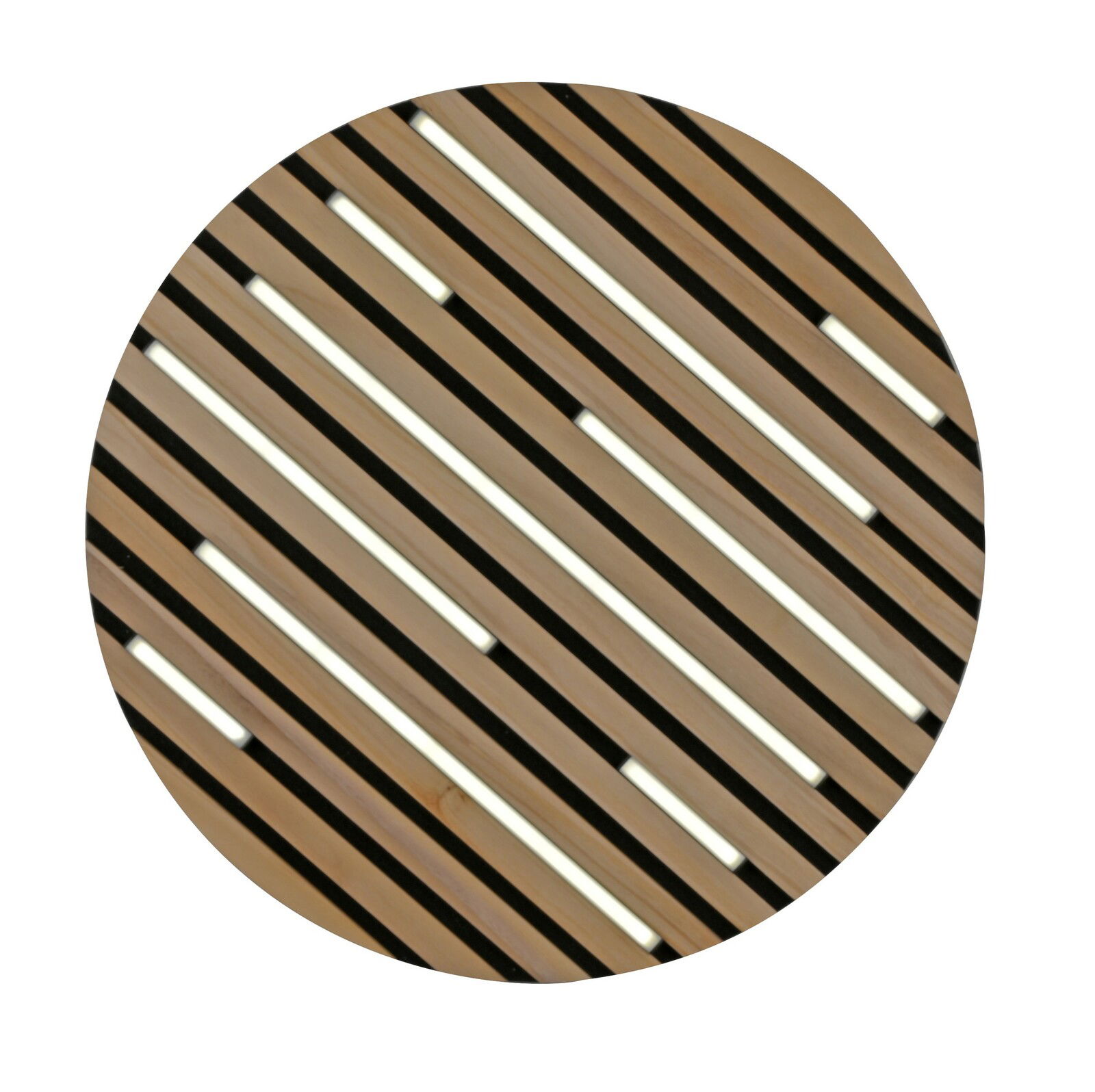 Runde Wand- und Deckenleuchte mit diagonalen Holzlamellen und integrierter Beleuchtung, Draufsicht.