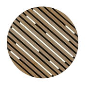 Runde Wand- und Deckenleuchte mit diagonalen Holzlamellen und integrierter Beleuchtung, Draufsicht.