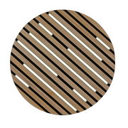 Runde Wand- und Deckenleuchte mit diagonalen Holzlamellen und integrierter Beleuchtung, Draufsicht.