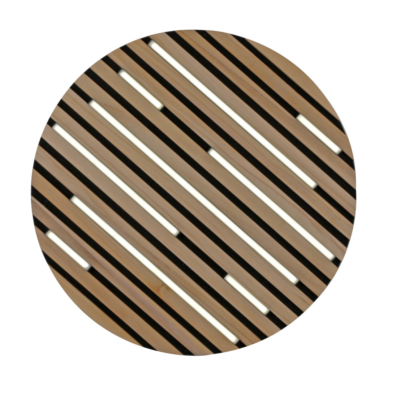 Runde Wand- und Deckenleuchte mit diagonalen Holzlamellen und integrierter Beleuchtung, Draufsicht.