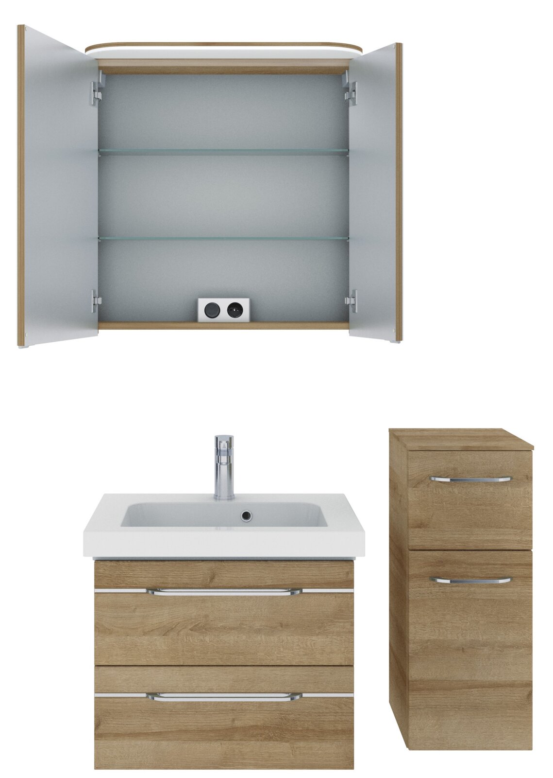 Badezimmermöbel-Set mit offenem Spiegelschrank, Waschbeckenunterschrank und hohem Schrank in Holzoptik, Frontalansicht