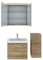 Badezimmermöbel-Set mit offenem Spiegelschrank, Waschbeckenunterschrank und hohem Schrank in Holzoptik, Frontalansicht