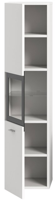 Weißer Badschrank mit mehreren offenen Fächern und einer Glastür, seitliche Perspektive