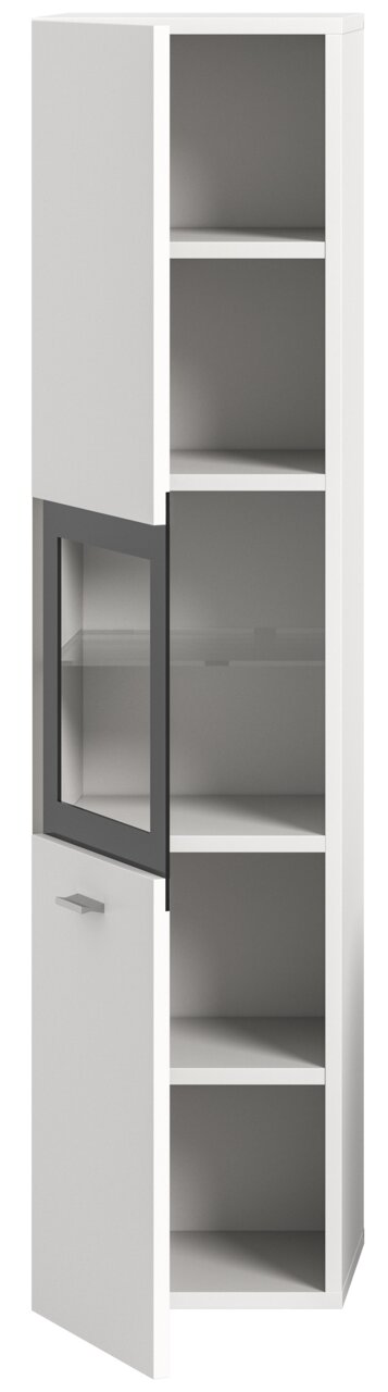 Weißer Badschrank mit mehreren offenen Fächern und einer Glastür, seitliche Perspektive