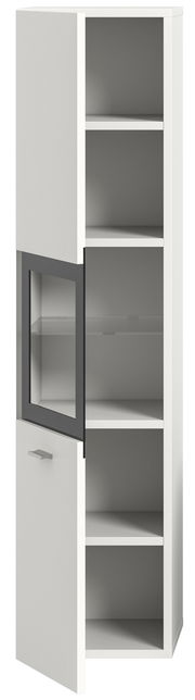 Weißer Badschrank mit mehreren offenen Fächern und einer Glastür, seitliche Perspektive