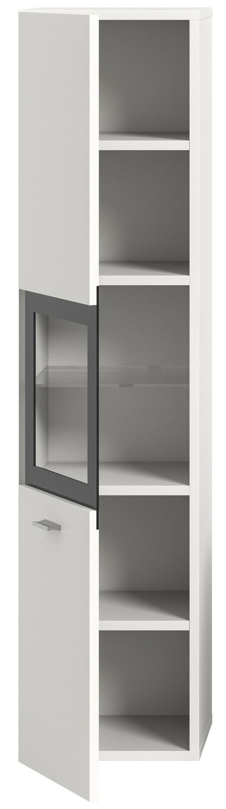 Weißer Badschrank mit mehreren offenen Fächern und einer Glastür, seitliche Perspektive