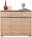 Frontale Ansicht eines modernen Sideboards aus Holz mit drei Schubladen und drei Türen, dekoriert mit Vasen und einer Lampe.