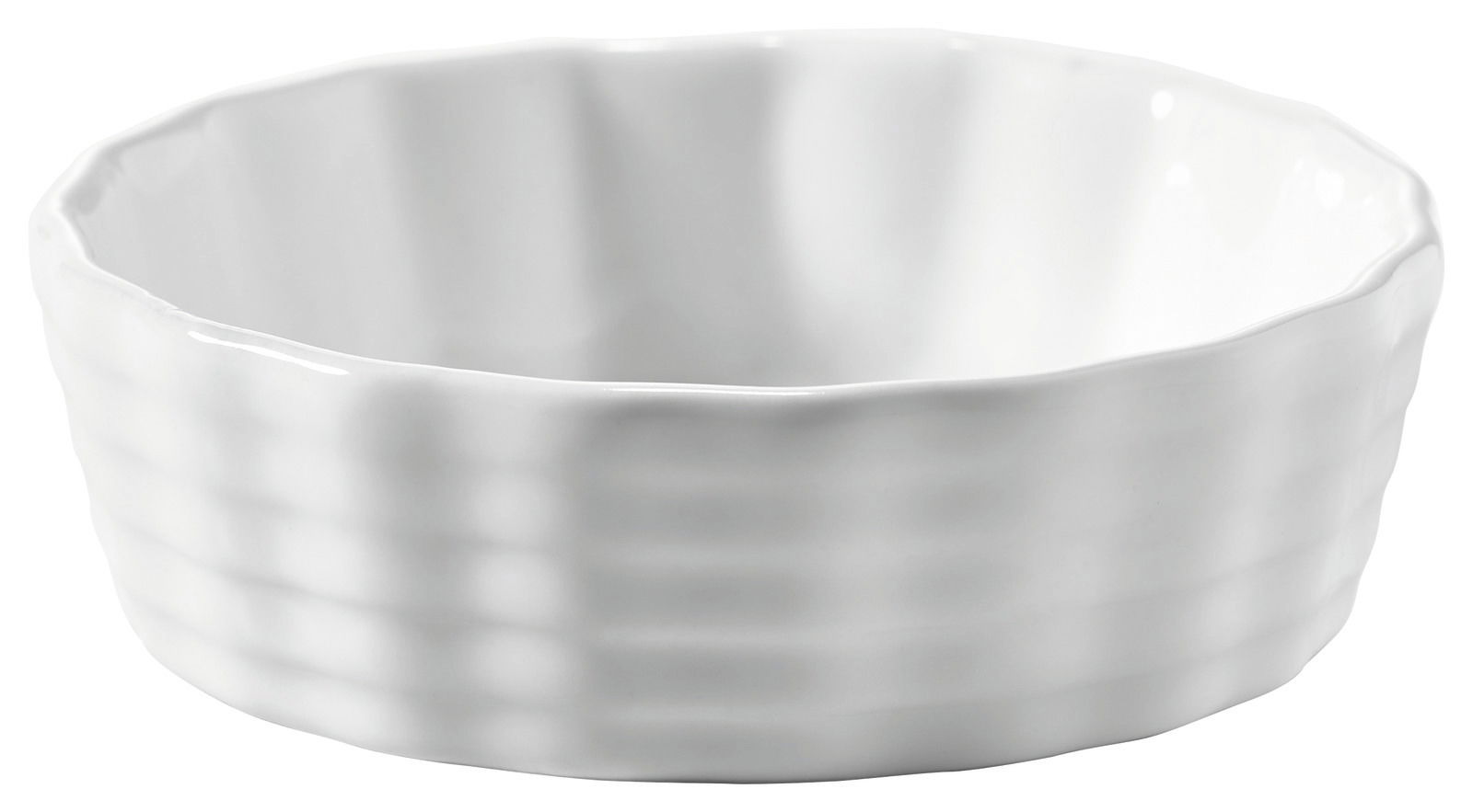 Weiße, runde Auflaufform aus Keramik, seitliche Perspektive