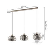 Moderne Hängeleuchte mit drei kugelförmigen Lampenschirmen aus Metall, seitliche Perspektive, maximale Abhängung 1500mm.