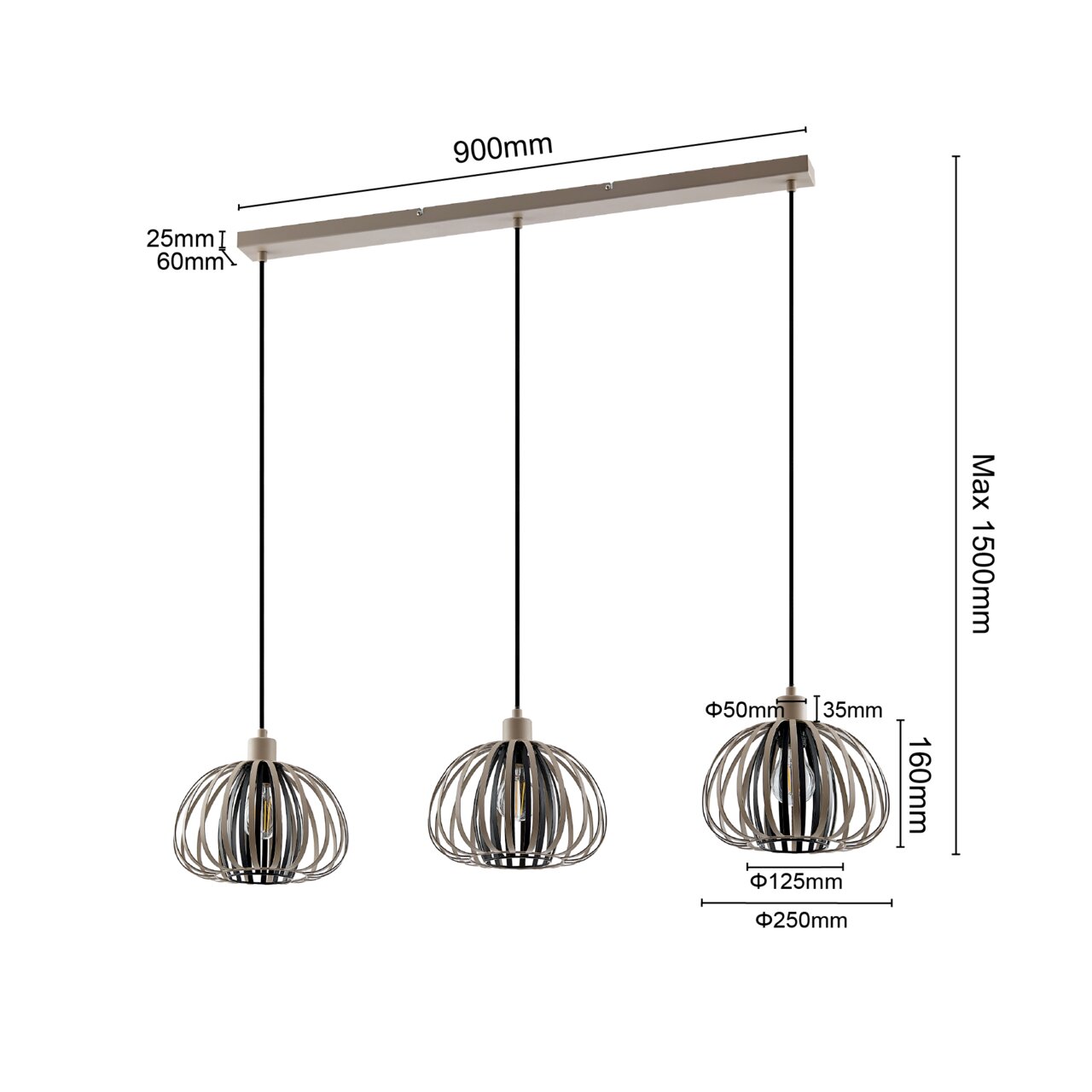 Moderne hanglamp met drie bolvormige lampenkappen van metaal, zijaanzicht, maximale ophanghoogte 1500 mm.