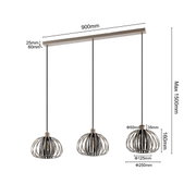 Moderne hanglamp met drie bolvormige lampenkappen van metaal, zijaanzicht, maximale ophanghoogte 1500 mm.