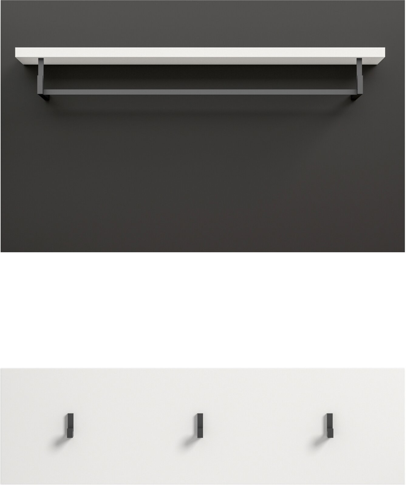 Minimalistische Wandgarderobe mit weißem Regalbrett und schwarzer Kleiderstange auf dunkler Wand, frontal aus der Vorderansicht aufgenommen.