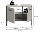 Waschbeckenunterschrank mit zwei Türen, Frontansicht, Maße 80 cm Breite, 63 cm Höhe, 36 cm Tiefe, mit Belastungsangaben von 2 kg oben und 5 kg innen.