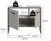 Waschbeckenunterschrank mit zwei Türen, Frontansicht, Maße 80 cm Breite, 63 cm Höhe, 36 cm Tiefe, mit Belastungsangaben von 2 kg oben und 5 kg innen.