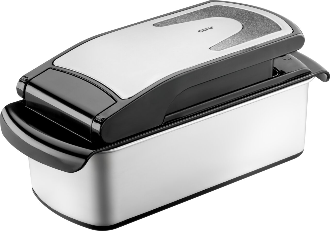 Würfel- und Stifteschneider aus Edelstahl und Kunststoff, seitliche Perspektive